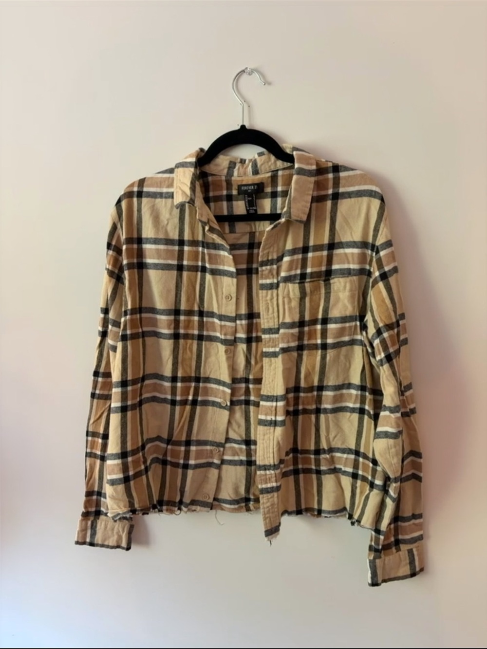 Beige Cream Brown Flannel Plaid Button-Up Shirt Jacket Distressed Earth Tone